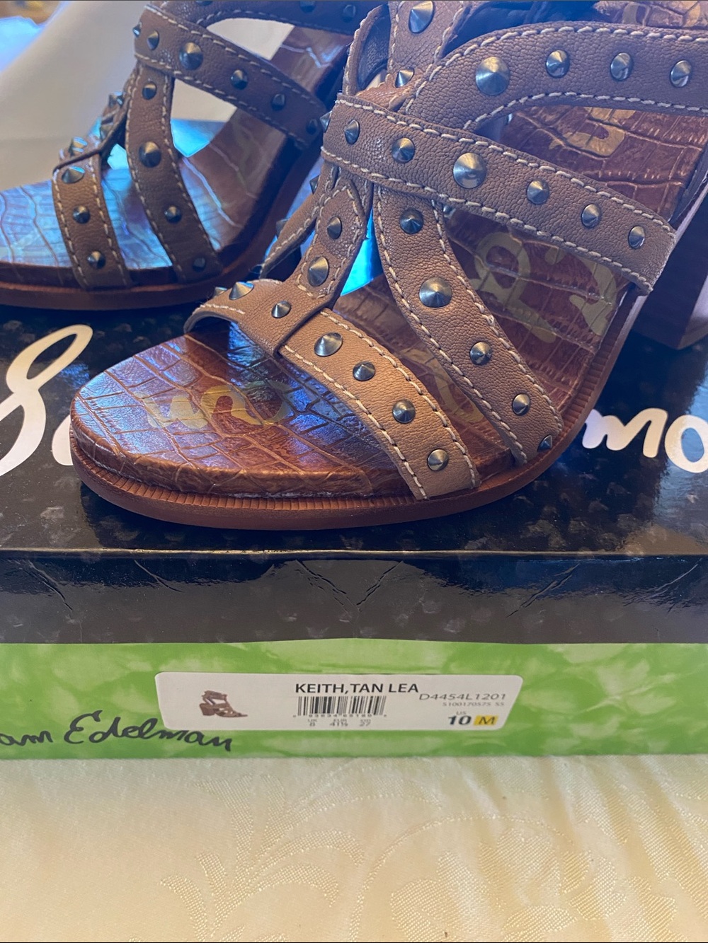 Sam Edelman Keith Tan Leather Studded Caged Gladiator Block Heel Sandals 10M - Picture 4 of 6
